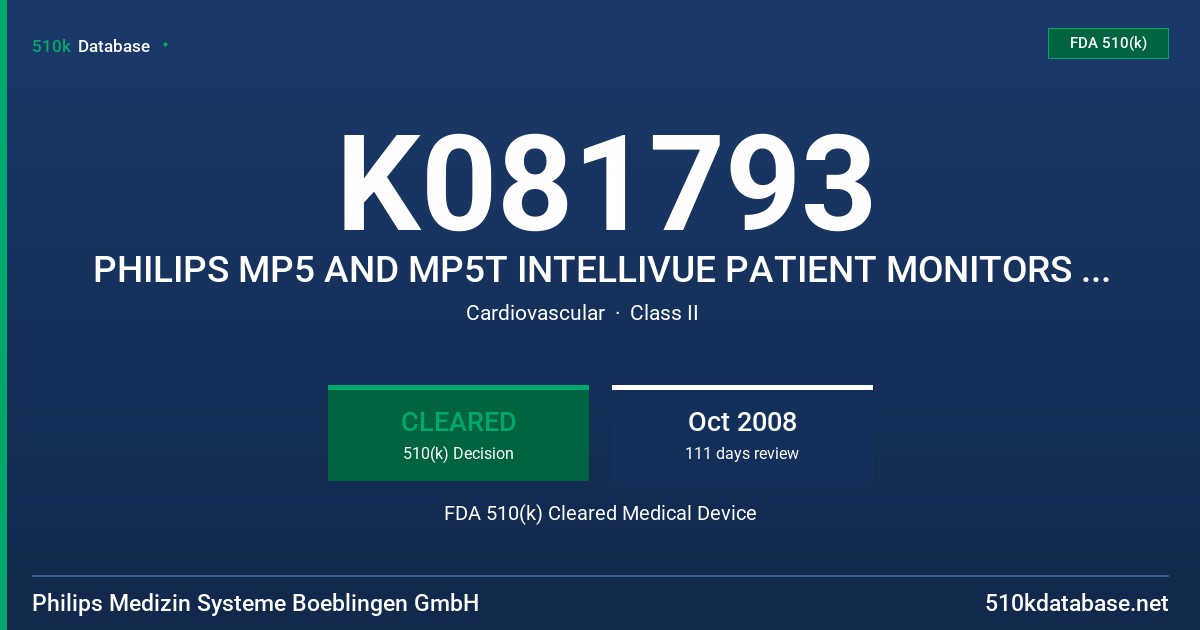 K081793 PHILIPS MP5 AND MP5T INTELLIVUE PATIENT MONITORS AND TRX4841A INTELLIVUE TELEMETRY SYSTEM TRANSCEIVER FDA 510(k) Cleared Medical Device