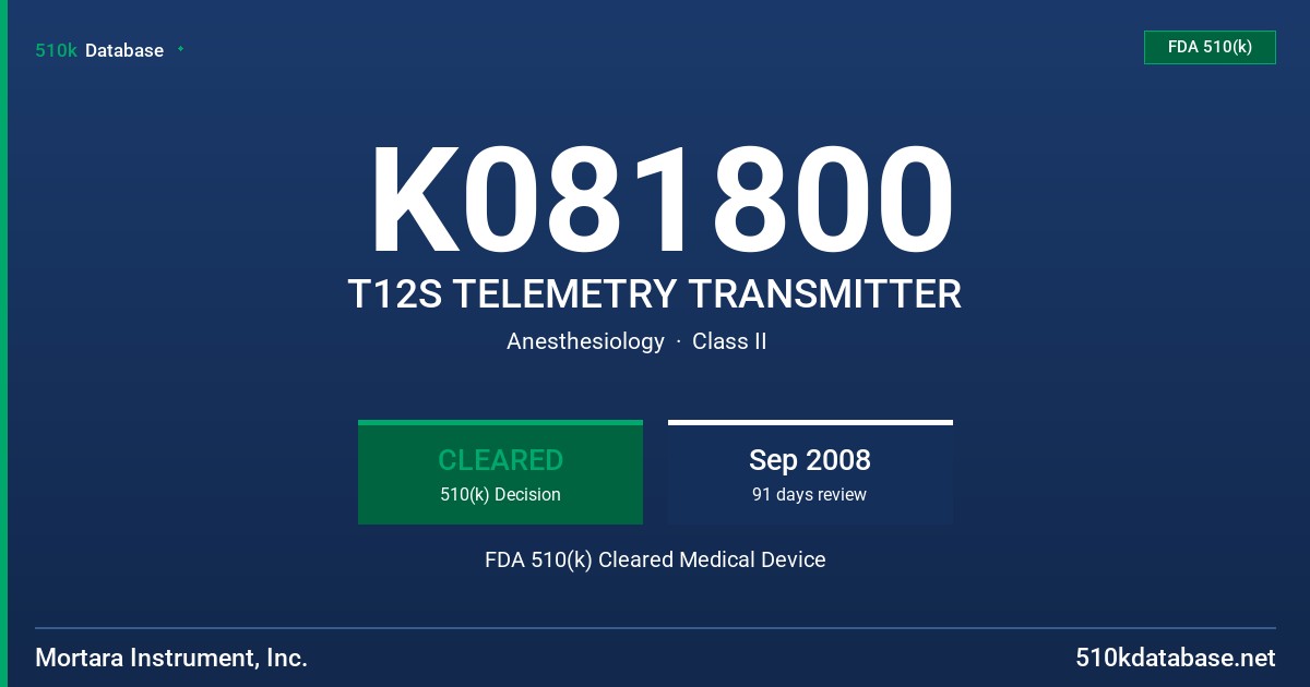 K081800 T12S TELEMETRY TRANSMITTER FDA 510(k) Cleared Medical Device