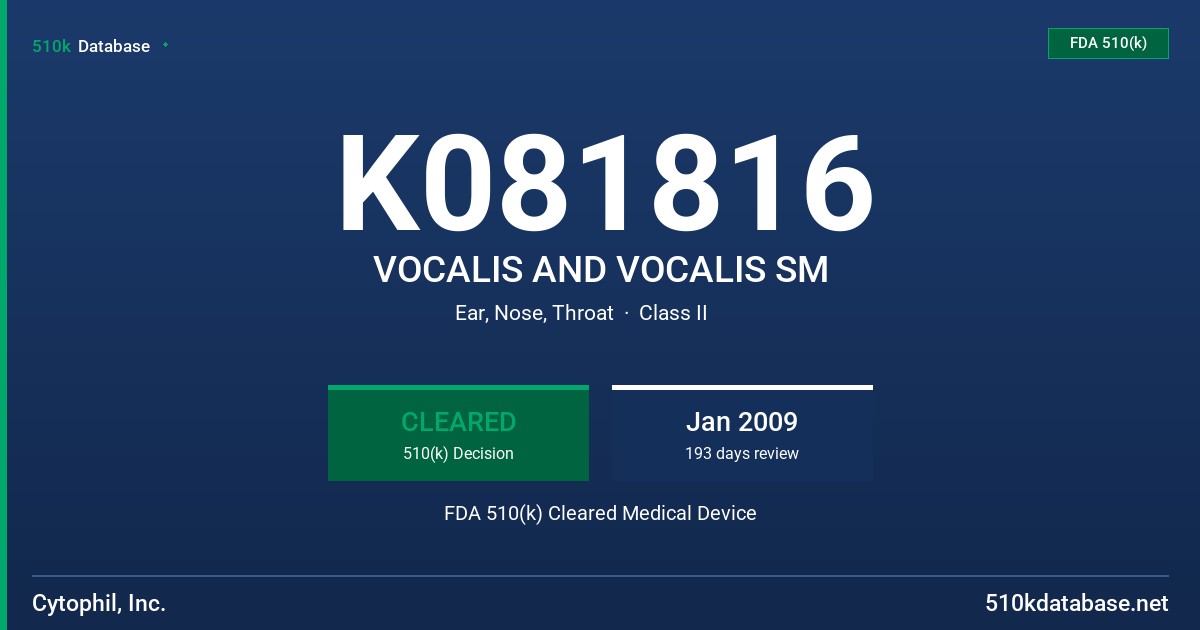 K081816 VOCALIS AND VOCALIS SM FDA 510(k) Cleared Medical Device