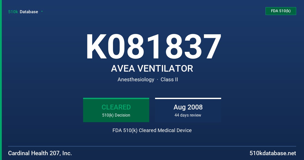 K081837 AVEA VENTILATOR FDA 510(k) Cleared Medical Device