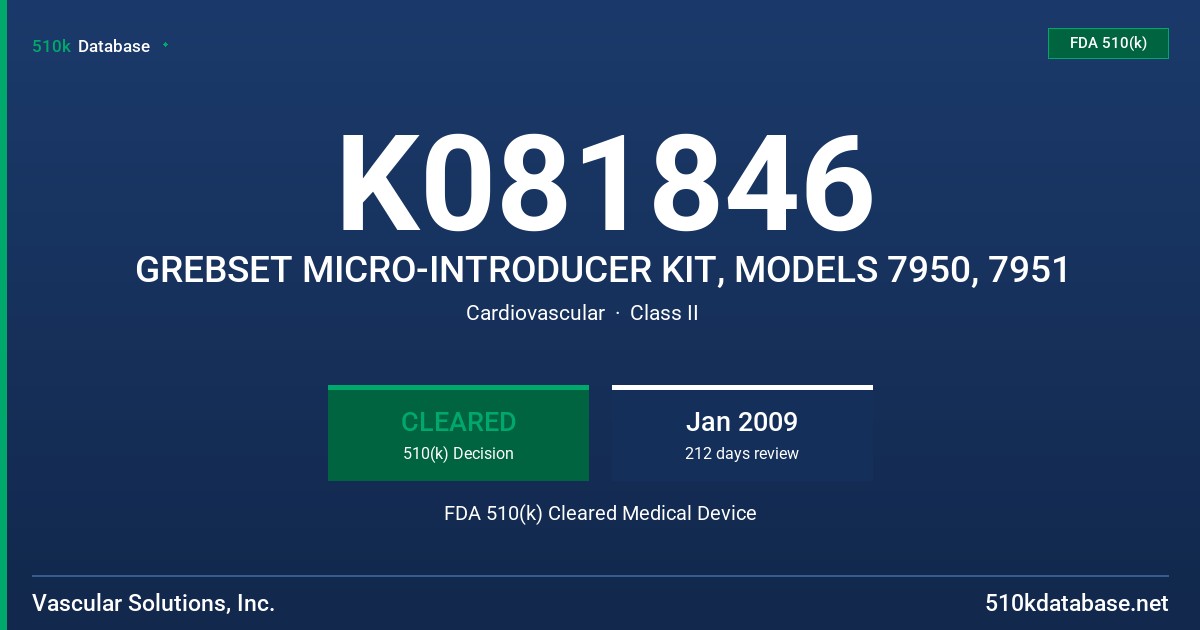 K081846 GREBSET MICRO-INTRODUCER KIT, MODELS 7950, 7951 FDA 510(k) Cleared Medical Device