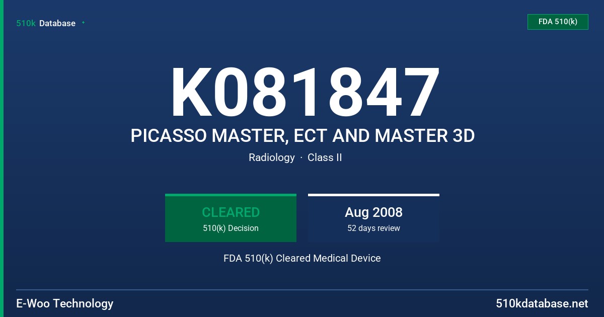 K081847 PICASSO MASTER, ECT AND MASTER 3D FDA 510(k) Cleared Medical Device