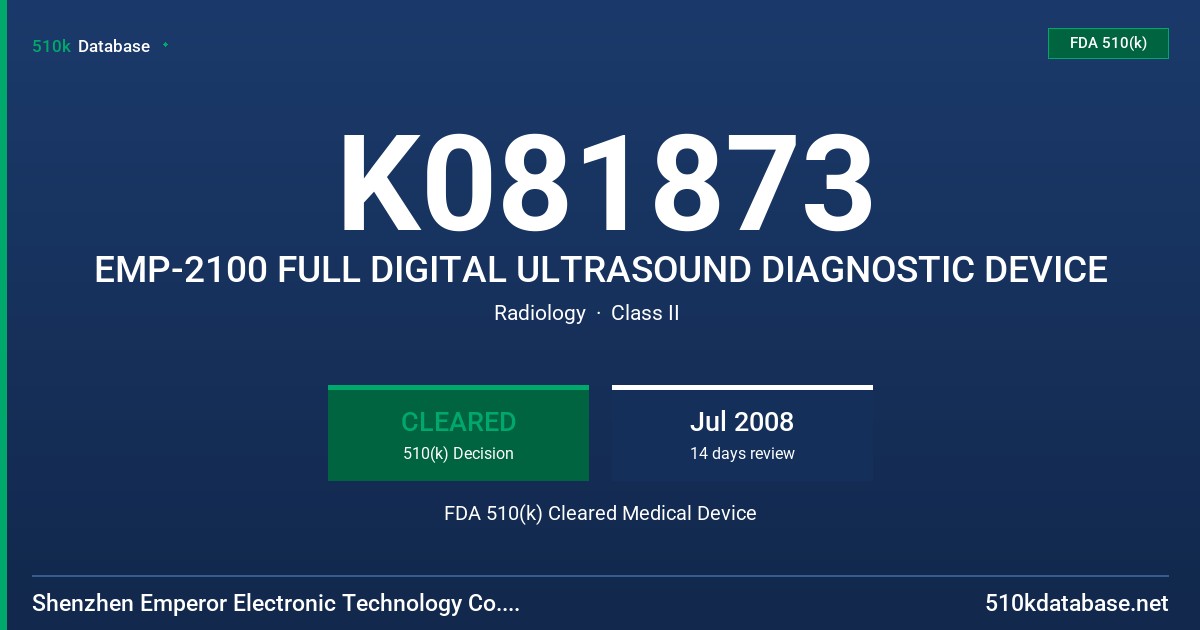 K081873 EMP-2100 FULL DIGITAL ULTRASOUND DIAGNOSTIC DEVICE FDA 510(k) Cleared Medical Device