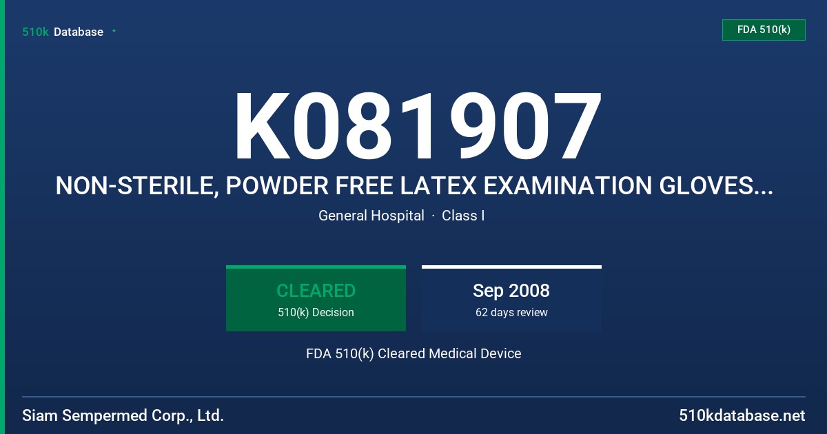 K081907 NON-STERILE, POWDER FREE LATEX EXAMINATION GLOVES WITH  POLYMER COATING AND PROTEIN CLAIM  (50 MICROGRAMS OR LESS) FDA 510(k) Cleared Medical Device
