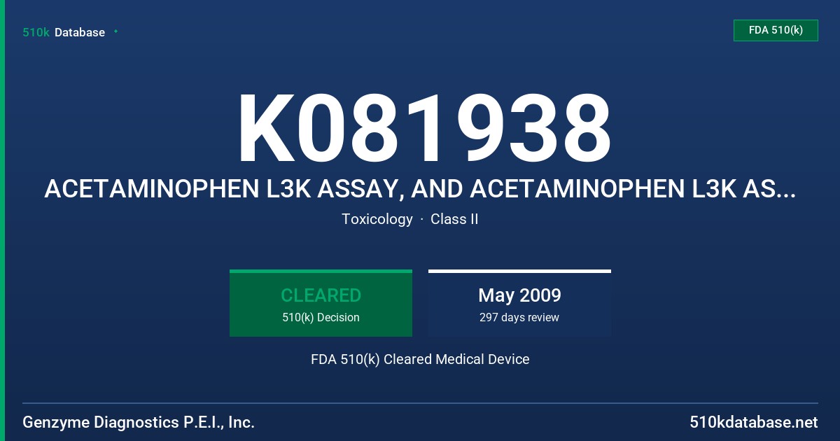 K081938 ACETAMINOPHEN L3K ASSAY, AND ACETAMINOPHEN L3K ASSAY, MODELS 506-10, 506-30 FDA 510(k) Cleared Medical Device