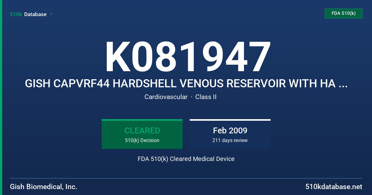 K081947 GISH CAPVRF44 HARDSHELL VENOUS RESERVOIR WITH HA COATING FDA 510(k) Cleared Medical Device