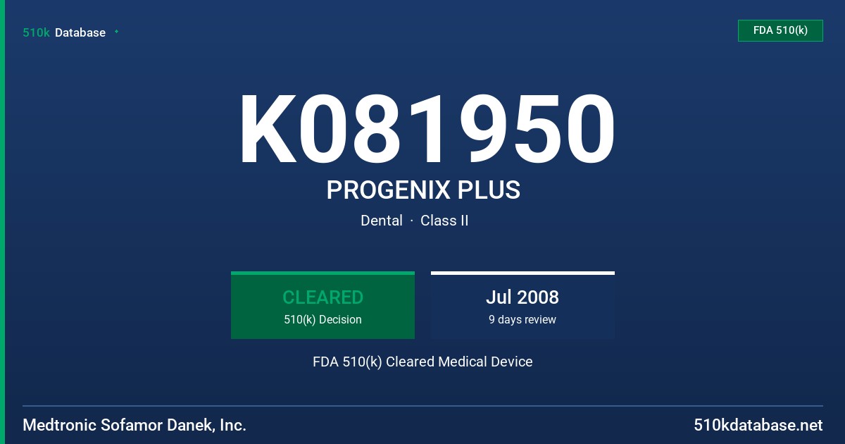 K081950 PROGENIX PLUS FDA 510(k) Cleared Medical Device