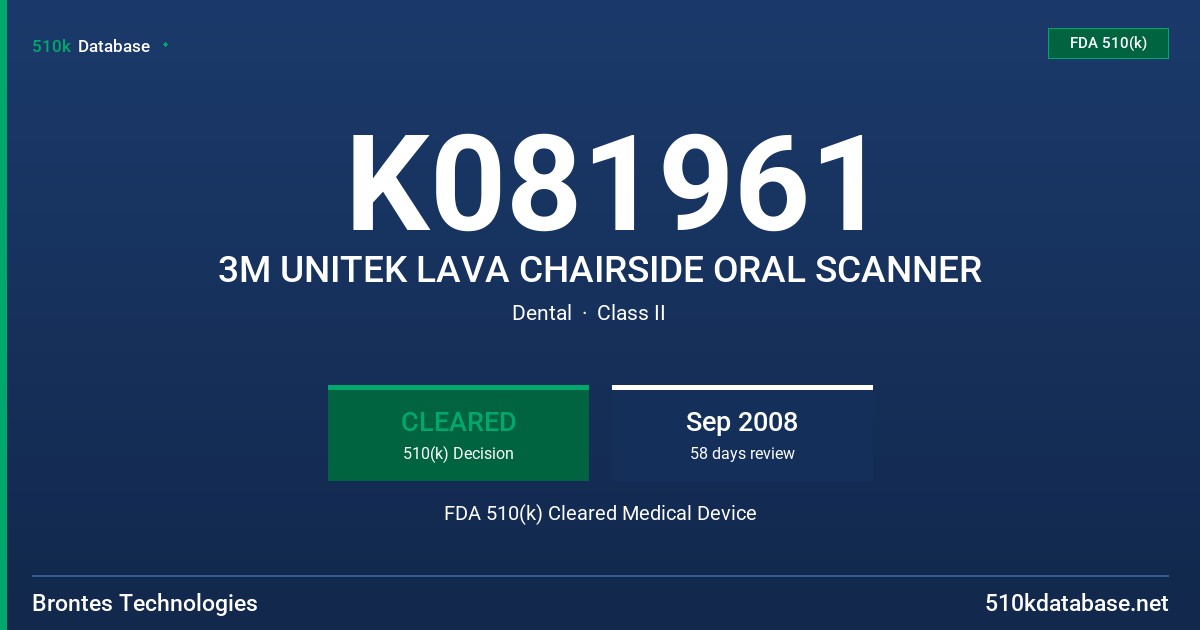 K081961 3M UNITEK LAVA CHAIRSIDE ORAL SCANNER FDA 510(k) Cleared Medical Device