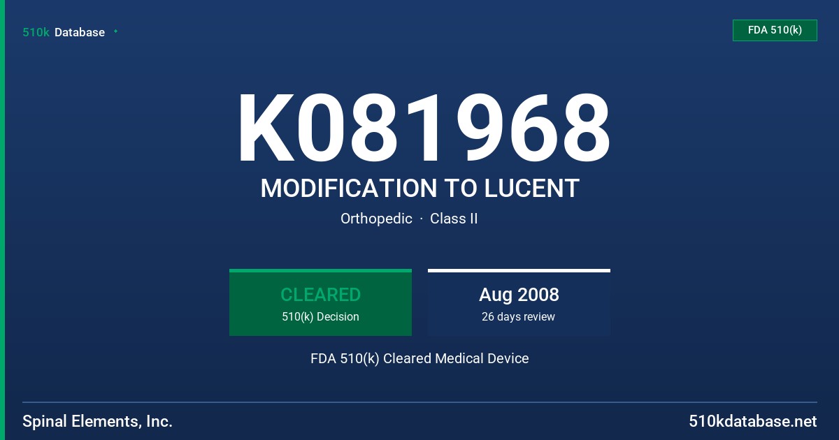 K081968 MODIFICATION TO LUCENT FDA 510(k) Cleared Medical Device