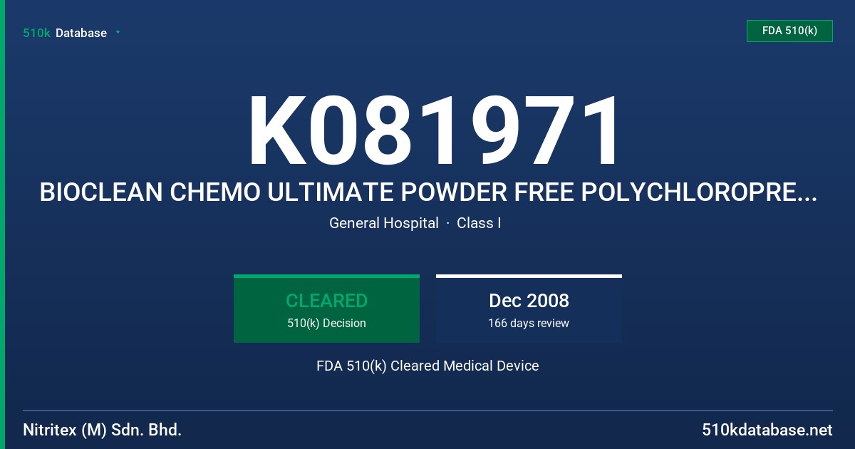 K081971 BIOCLEAN CHEMO ULTIMATE POWDER FREE POLYCHLOROPRENE EXAMINATION GLOVES FDA 510(k) Cleared Medical Device
