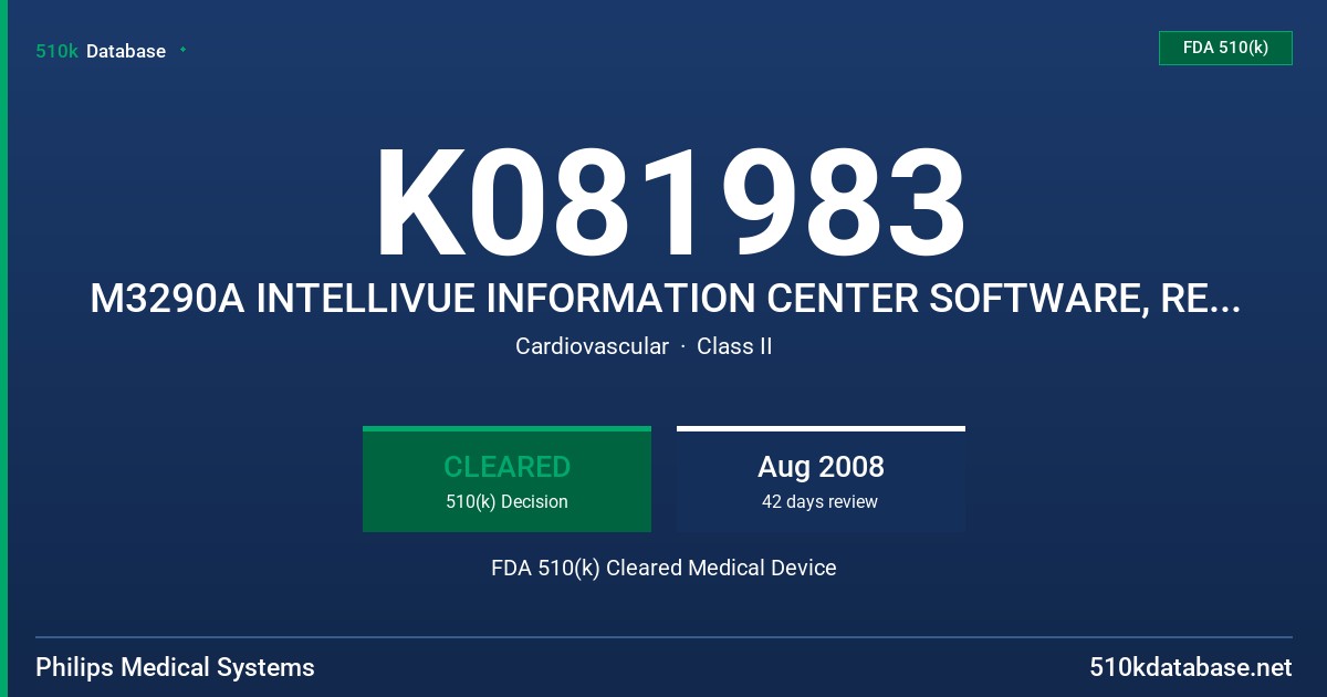 K081983 M3290A INTELLIVUE INFORMATION CENTER SOFTWARE, RELEASE 1.00 FDA 510(k) Cleared Medical Device