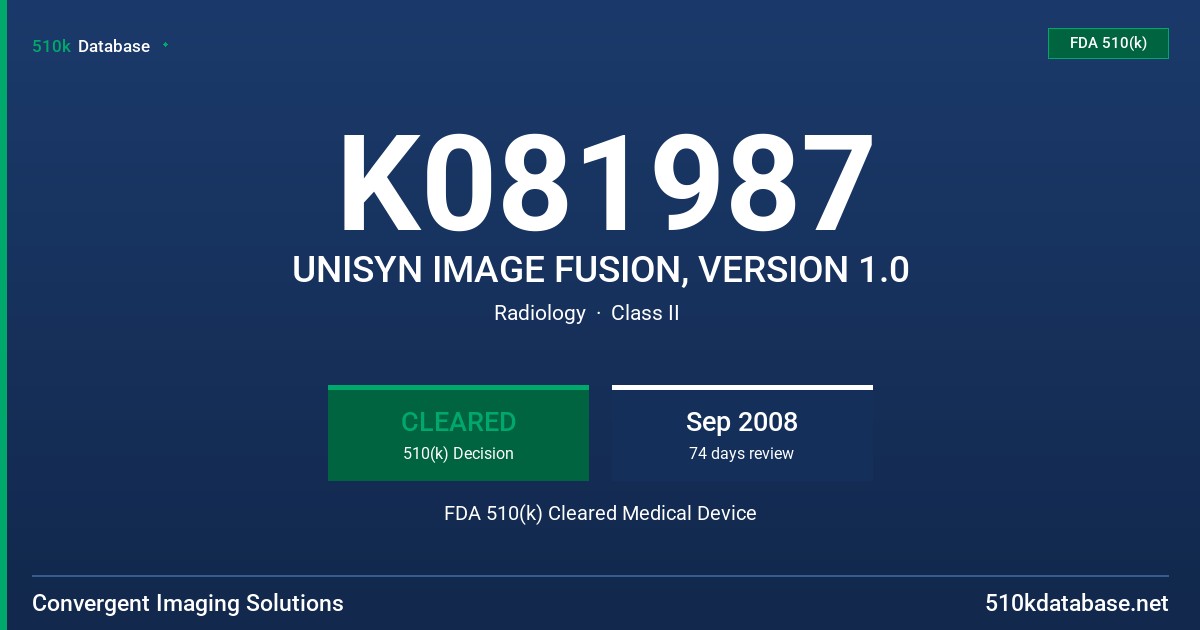 K081987 UNISYN IMAGE FUSION, VERSION 1.0 FDA 510(k) Cleared Medical Device