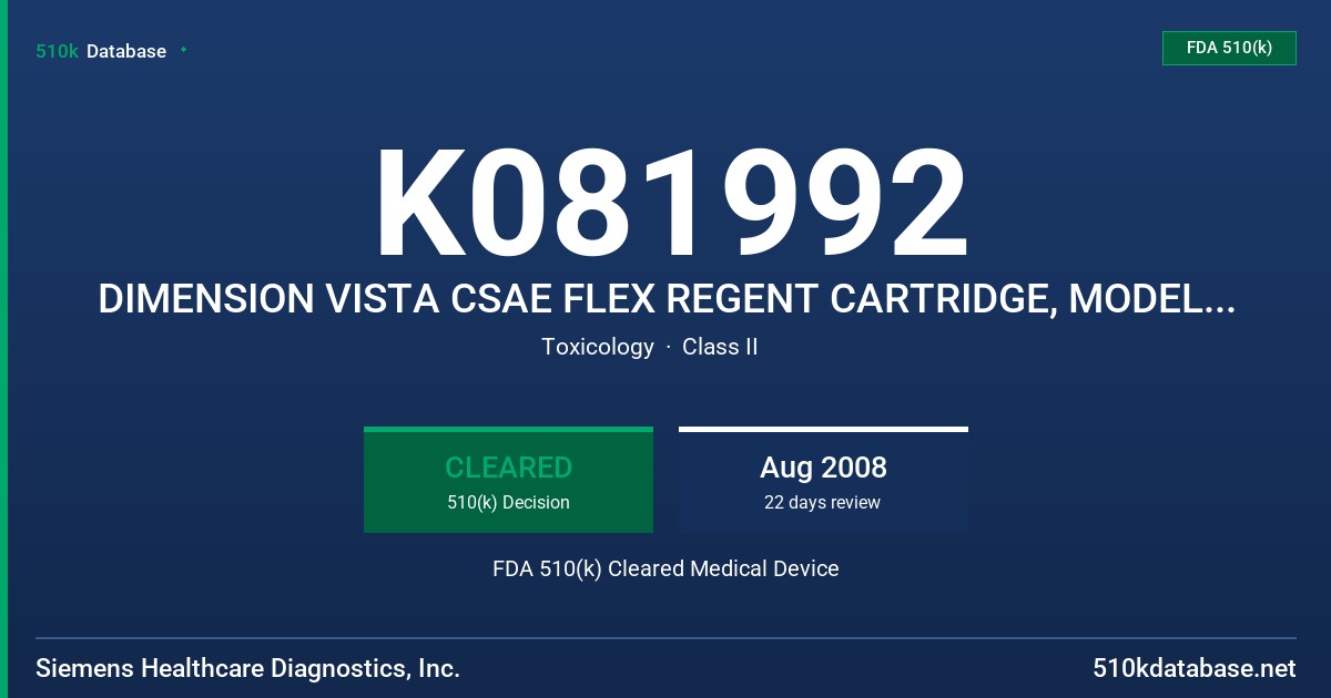 K081992 DIMENSION VISTA CSAE FLEX REGENT CARTRIDGE, MODEL K4108 FDA 510(k) Cleared Medical Device