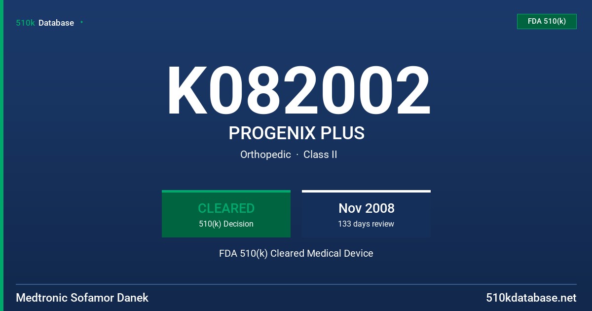 K082002 PROGENIX PLUS FDA 510(k) Cleared Medical Device