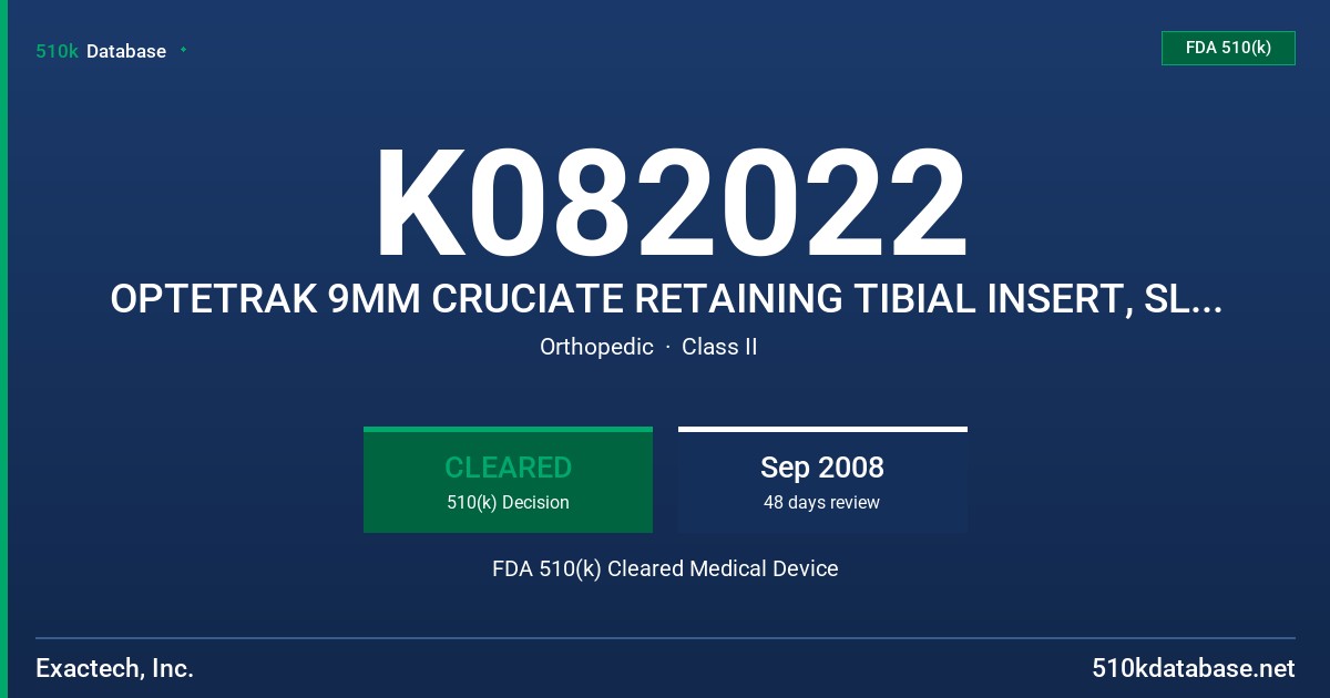 K082022 OPTETRAK 9MM CRUCIATE RETAINING TIBIAL INSERT, SLOPE ++ FDA 510(k) Cleared Medical Device