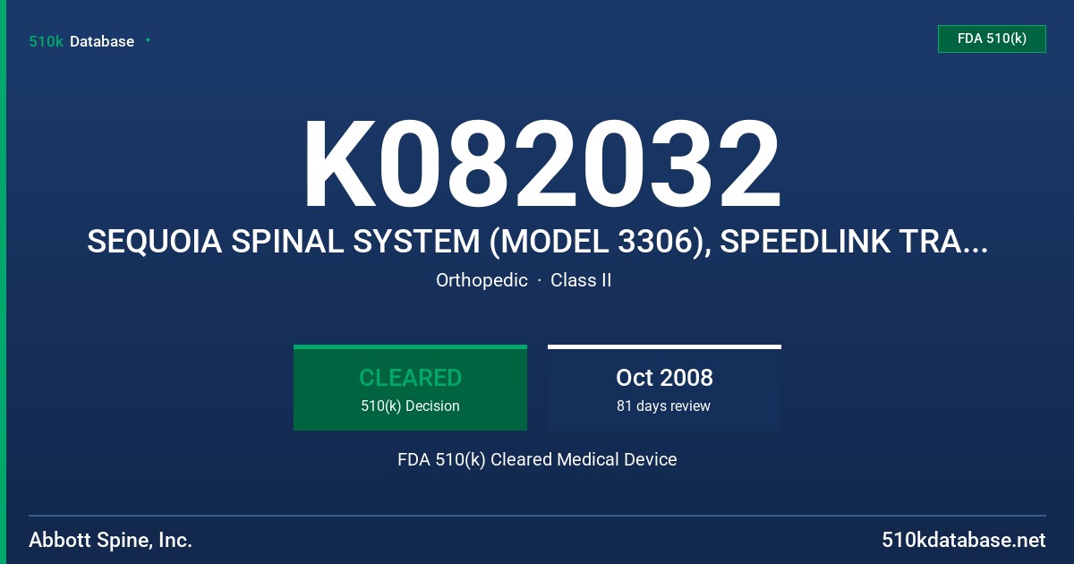 K082032 SEQUOIA SPINAL SYSTEM (MODEL 3306), SPEEDLINK TRANSVERSE CONNECTOR (MODELS 3308, 3309, 3310) FDA 510(k) Cleared Medical Device