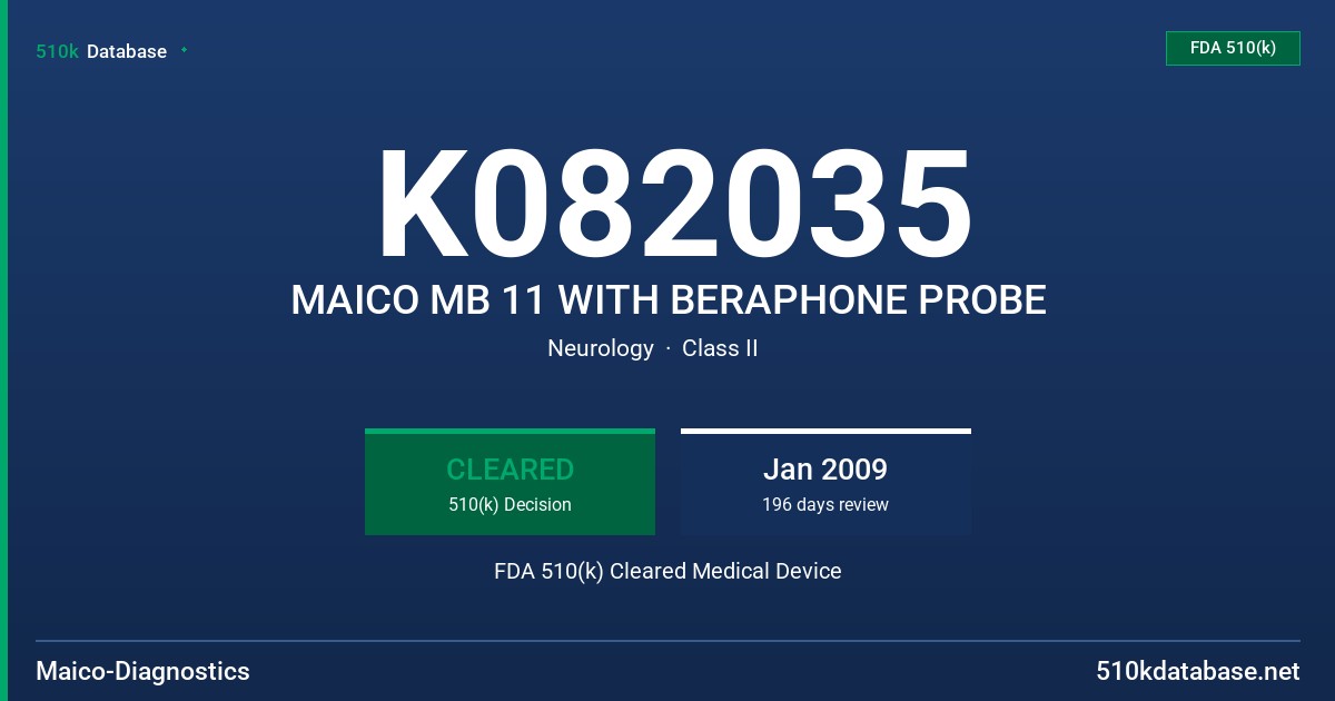 K082035 MAICO MB 11 WITH BERAPHONE PROBE FDA 510(k) Cleared Medical Device