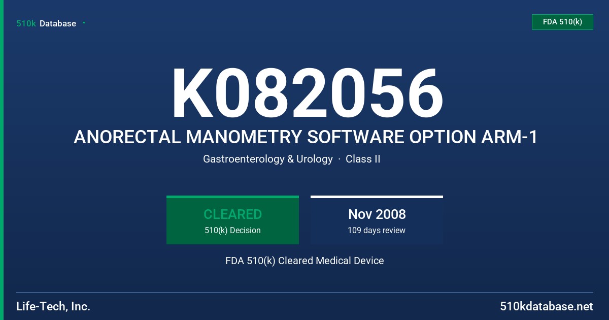 K082056 ANORECTAL MANOMETRY SOFTWARE OPTION ARM-1 FDA 510(k) Cleared Medical Device