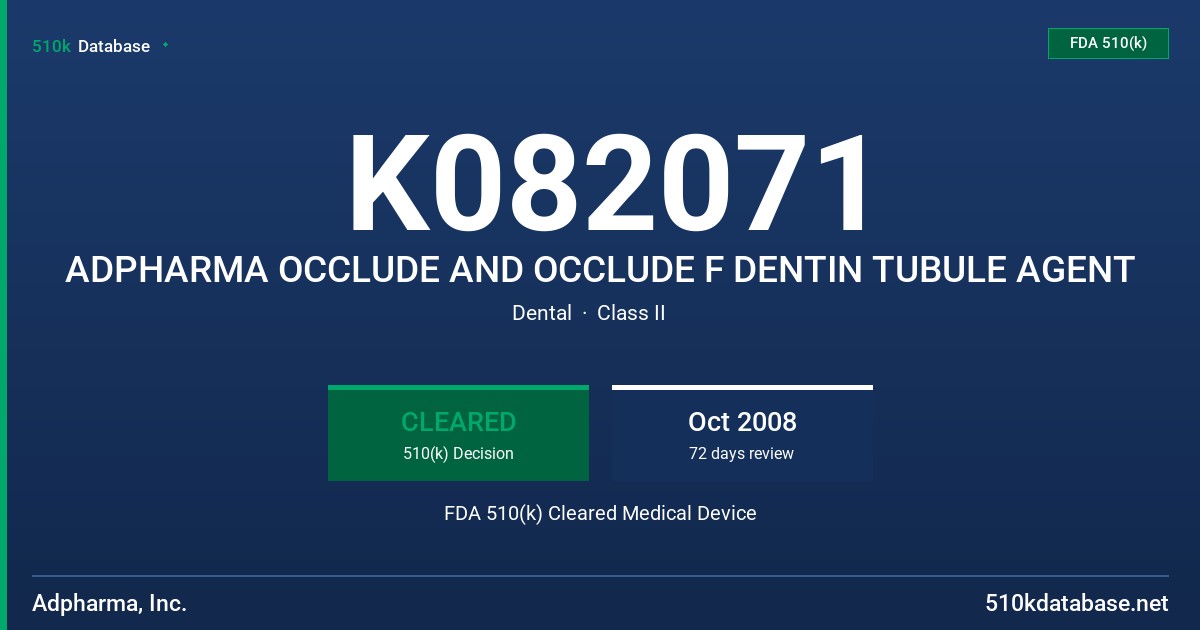 K082071 ADPHARMA OCCLUDE AND OCCLUDE F DENTIN TUBULE AGENT FDA 510(k) Cleared Medical Device