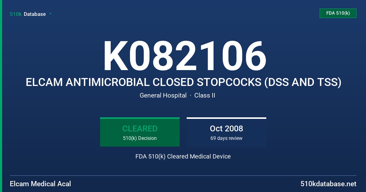 K082106 ELCAM ANTIMICROBIAL CLOSED STOPCOCKS (DSS AND TSS) FDA 510(k) Cleared Medical Device