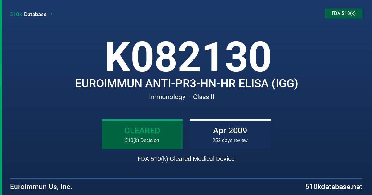 K082130 EUROIMMUN ANTI-PR3-HN-HR ELISA (IGG) FDA 510(k) Cleared Medical Device