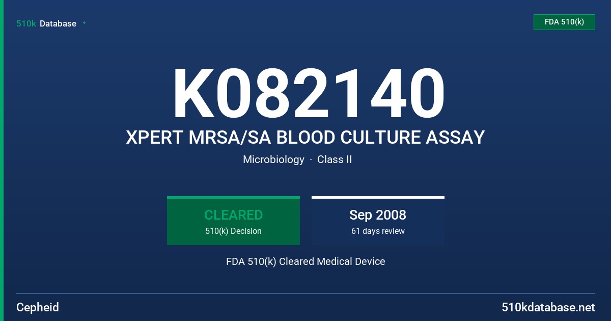K082140 XPERT MRSA/SA BLOOD CULTURE ASSAY FDA 510(k) Cleared Medical Device