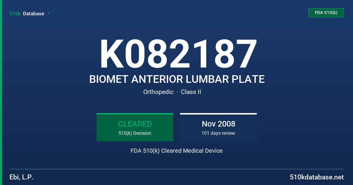 K082187 BIOMET ANTERIOR LUMBAR PLATE FDA 510(k) Cleared Medical Device