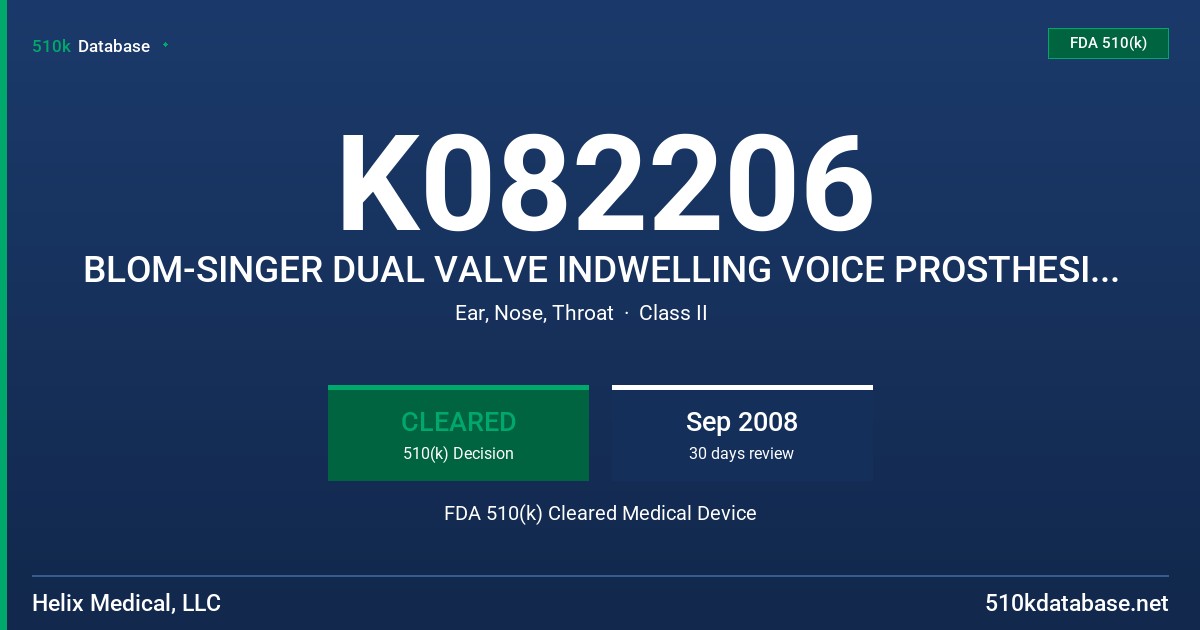 K082206 BLOM-SINGER DUAL VALVE INDWELLING VOICE PROSTHESIS, MODELS DV-1600 SERIES, DV-2000 SERIES FDA 510(k) Cleared Medical Device