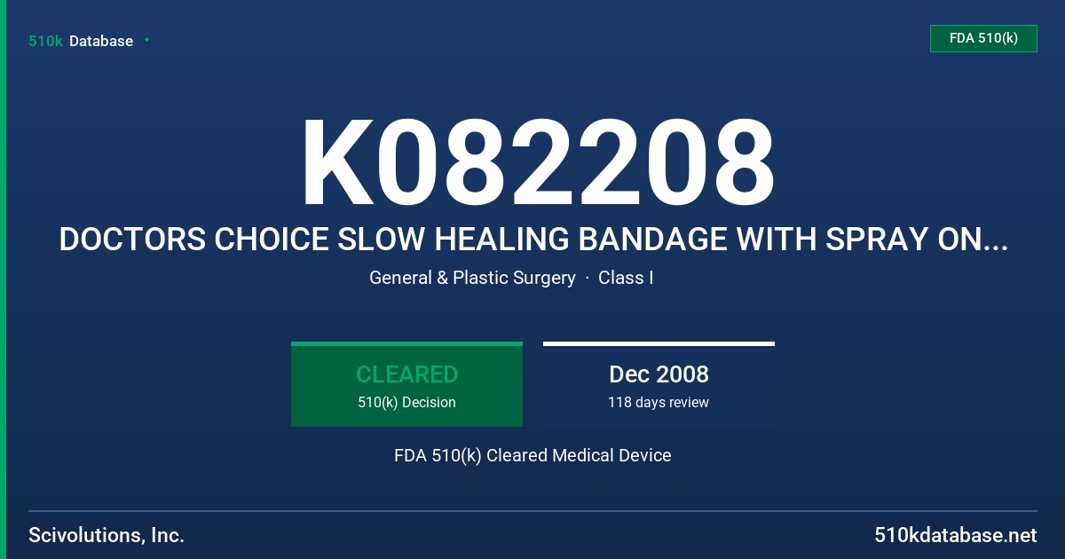 K082208 DOCTORS CHOICE SLOW HEALING BANDAGE WITH SPRAY ON REMOVER FDA 510(k) Cleared Medical Device