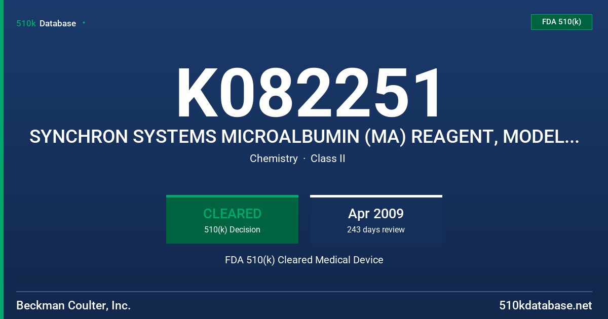 K082251 SYNCHRON SYSTEMS MICROALBUMIN (MA) REAGENT, MODEL 475100 FDA 510(k) Cleared Medical Device