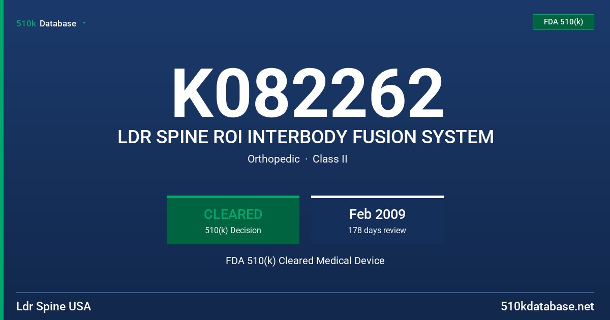 K082262 LDR SPINE ROI INTERBODY FUSION SYSTEM FDA 510(k) Cleared Medical Device