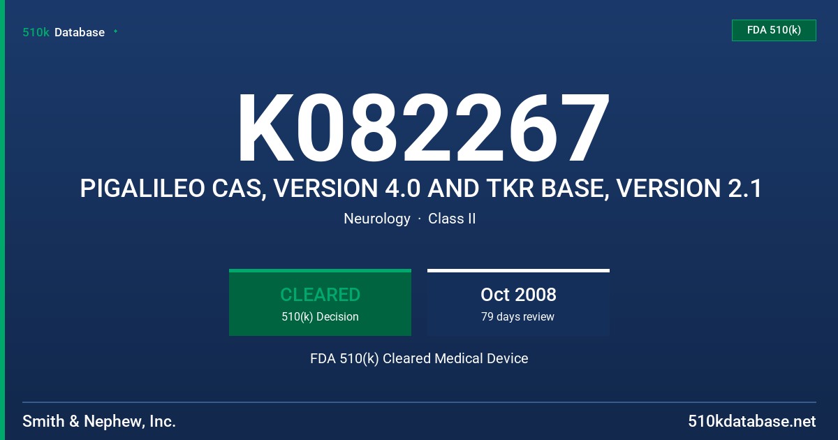 K082267 PIGALILEO CAS, VERSION 4.0 AND TKR BASE, VERSION 2.1 FDA 510(k) Cleared Medical Device
