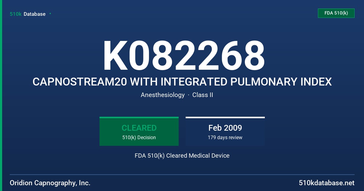 K082268 CAPNOSTREAM20 WITH INTEGRATED PULMONARY INDEX FDA 510(k) Cleared Medical Device