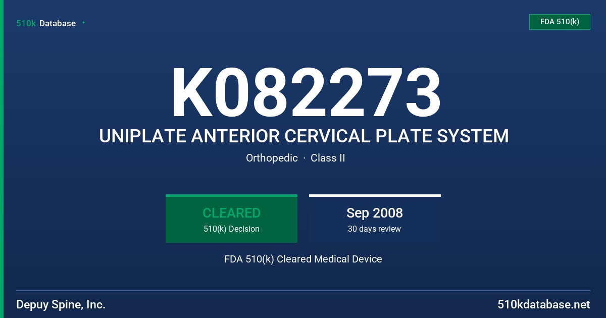 K082273 UNIPLATE ANTERIOR CERVICAL PLATE SYSTEM FDA 510(k) Cleared Medical Device