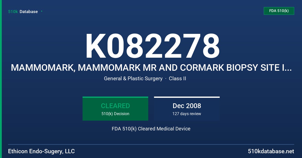 K082278 MAMMOMARK, MAMMOMARK MR AND CORMARK BIOPSY SITE IDENTIFIERS FDA 510(k) Cleared Medical Device