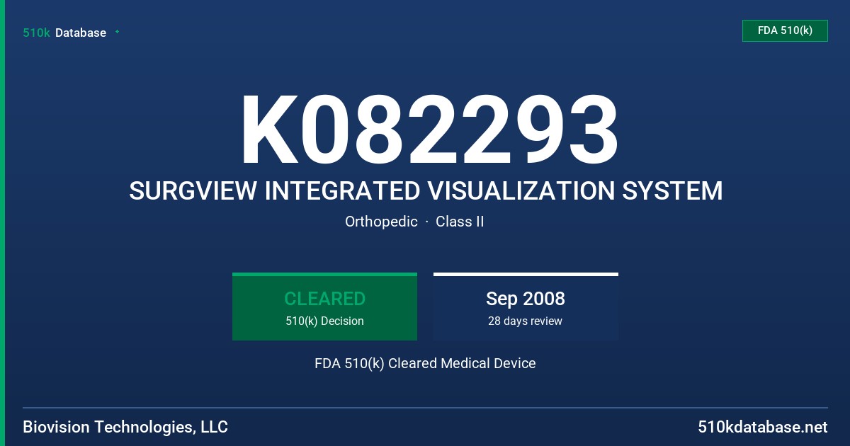 K082293 SURGVIEW INTEGRATED VISUALIZATION SYSTEM FDA 510(k) Cleared Medical Device