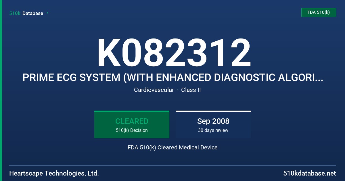K082312 PRIME ECG SYSTEM (WITH ENHANCED DIAGNOSTIC ALGORITHM) FDA 510(k) Cleared Medical Device