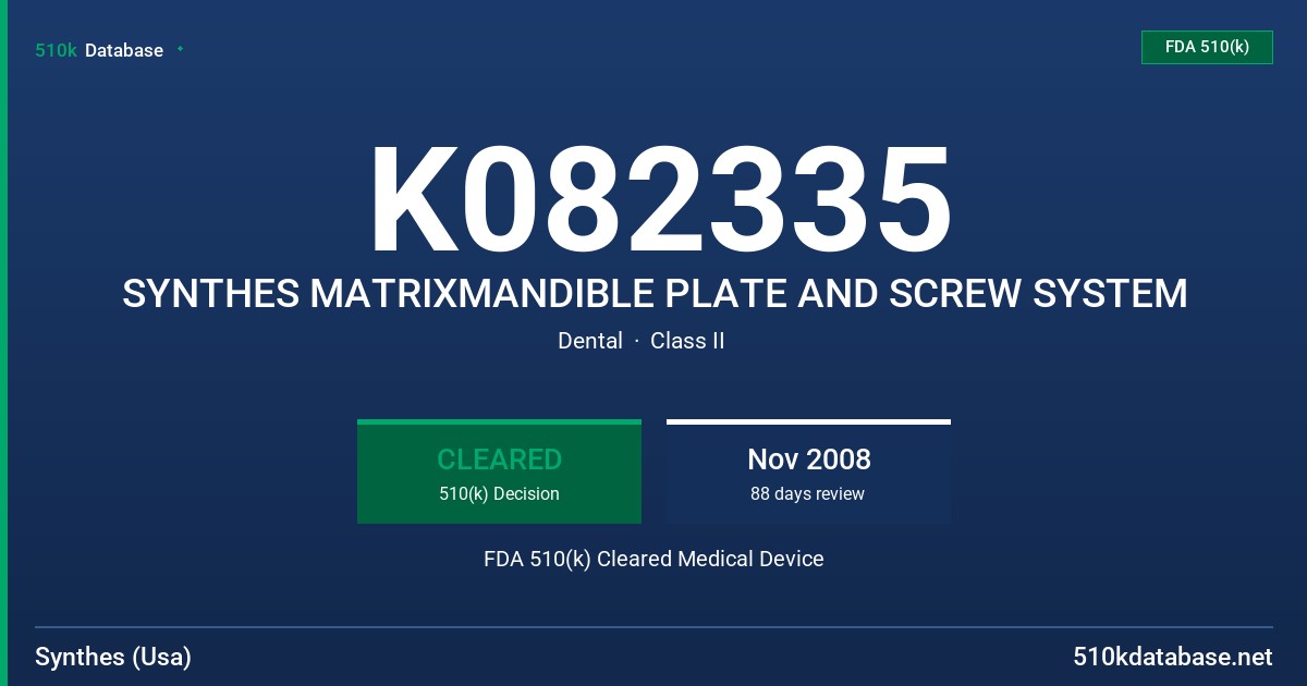 K082335 SYNTHES MATRIXMANDIBLE PLATE AND SCREW SYSTEM FDA 510(k) Cleared Medical Device