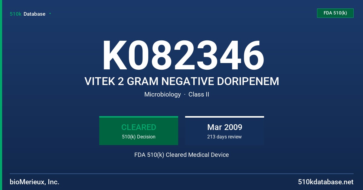 K082346 VITEK 2 GRAM NEGATIVE DORIPENEM FDA 510(k) Cleared Medical Device