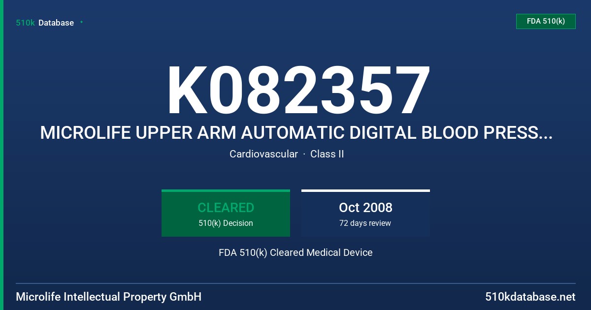K082357 MICROLIFE UPPER ARM AUTOMATIC DIGITAL BLOOD PRESSURE MONITOR, MODELWATCHBP OFFICE (TWIN200). FDA 510(k) Cleared Medical Device