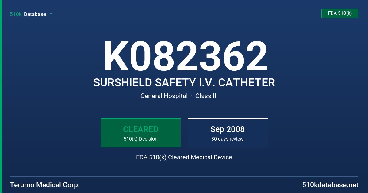 K082362 SURSHIELD SAFETY I.V. CATHETER FDA 510(k) Cleared Medical Device
