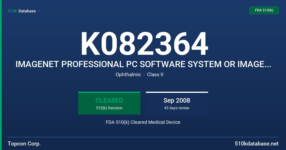 K082364 IMAGENET PROFESSIONAL PC SOFTWARE SYSTEM OR IMAGENET PROFESSIONAL, OR IMAGENET PRO, OR DIGITAL IMAGING SOFTWARE FOR FDA 510(k) Cleared Medical Device
