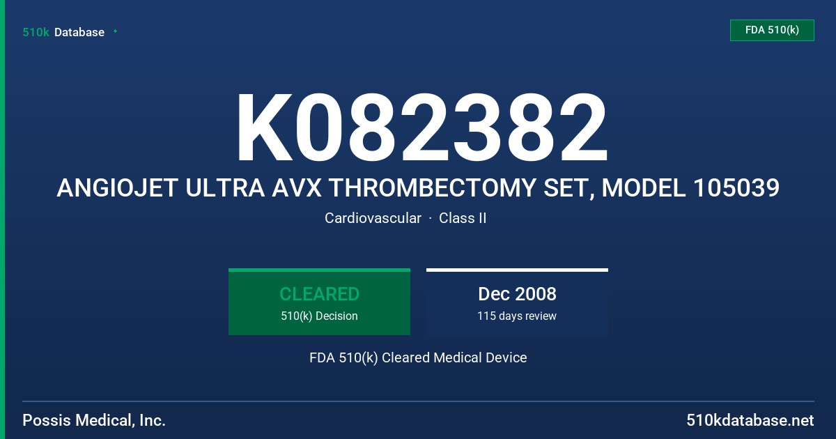 K082382 ANGIOJET ULTRA AVX THROMBECTOMY SET, MODEL 105039 FDA 510(k) Cleared Medical Device