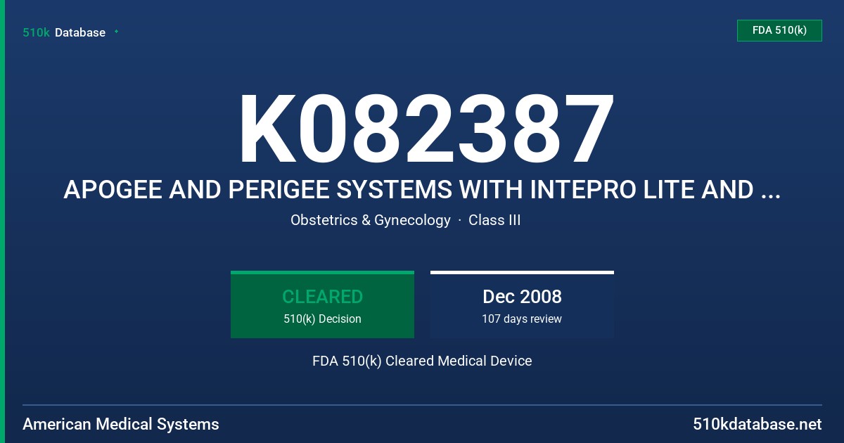 K082387 APOGEE AND PERIGEE SYSTEMS WITH INTEPRO LITE AND INTEXEN LP, PART OF THE AMS FDA 510(k) Cleared Medical Device