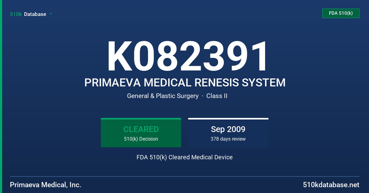 K082391 PRIMAEVA MEDICAL RENESIS SYSTEM FDA 510(k) Cleared Medical Device
