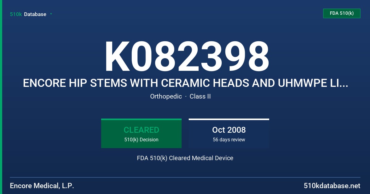 K082398 ENCORE HIP STEMS WITH CERAMIC HEADS AND UHMWPE LINERS FDA 510(k) Cleared Medical Device