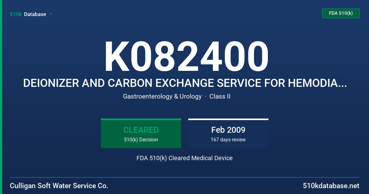 K082400 DEIONIZER AND CARBON EXCHANGE SERVICE FOR HEMODIALYSIS FDA 510(k) Cleared Medical Device