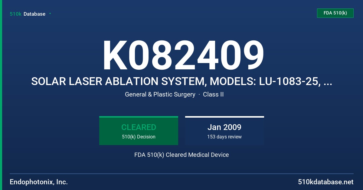 K082409 SOLAR LASER ABLATION SYSTEM, MODELS: LU-1083-25, LF-1083, PC-1000, IC-1083, LW-2000, LG-2001, LK-001, PM-1083, TF-1083 FDA 510(k) Cleared Medical Device