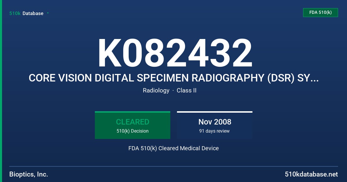 K082432 CORE VISION DIGITAL SPECIMEN RADIOGRAPHY (DSR) SYSTEM FDA 510(k) Cleared Medical Device