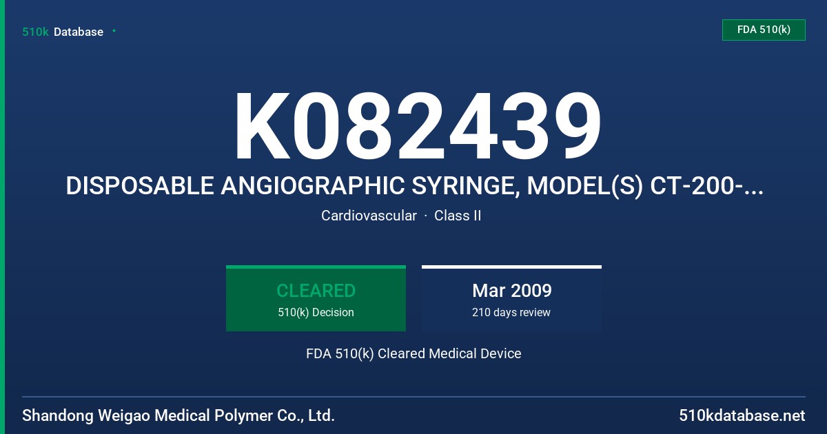 K082439 DISPOSABLE ANGIOGRAPHIC SYRINGE, MODEL(S) CT-200-NE, CT-200-MA, CT-200+200-MA, CT-200-LF, CT -100-NE, CT-200NE, CT-50+CT FDA 510(k) Cleared Medical Device